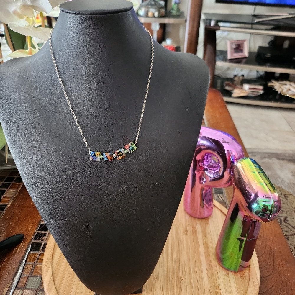 925 Sterling Silver & MURANO Millefiori SQUARE Necklace